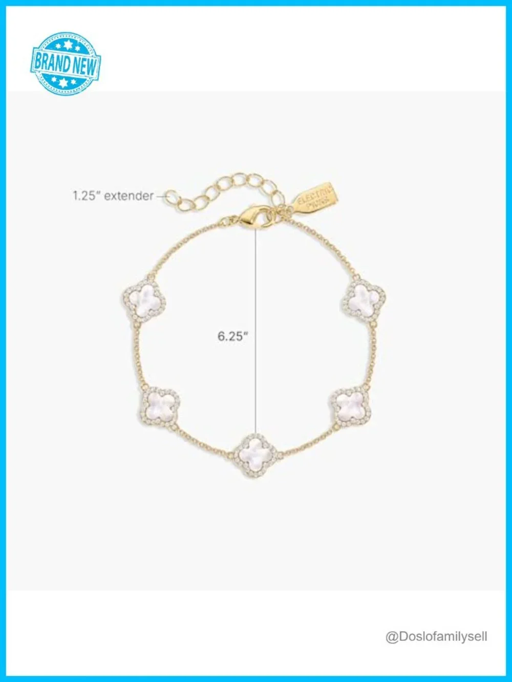 14k Gold Plated White Mother of Pearl Clover Charm Bracelet, Adjustable 6-7.5